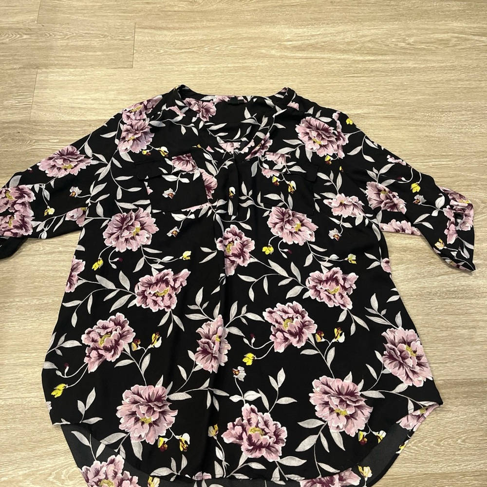 Torrid Harper 3 Georgette Pullover purple Floral 3/4 sleeve Tunic blouse career